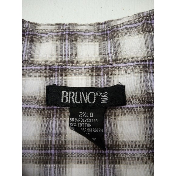 Bruno Button Up Shirt Men's 2XLB Short Sleeve Tan Plaid Polyester Blend Casual - Picture 4 of 5